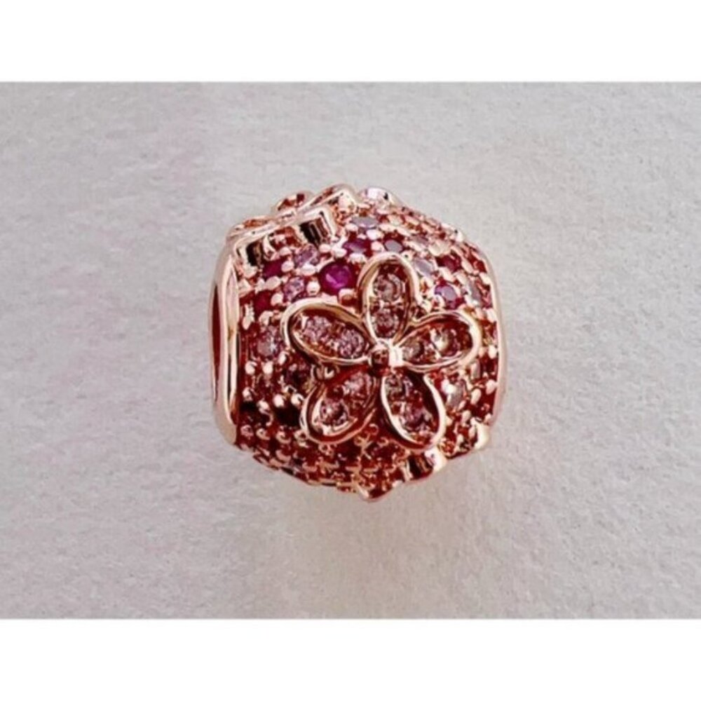 Pink Pavé Daisy Flower Charm - 14k rose gold - Fits Pandora Charm Bracelets - Picture 6 of 11
